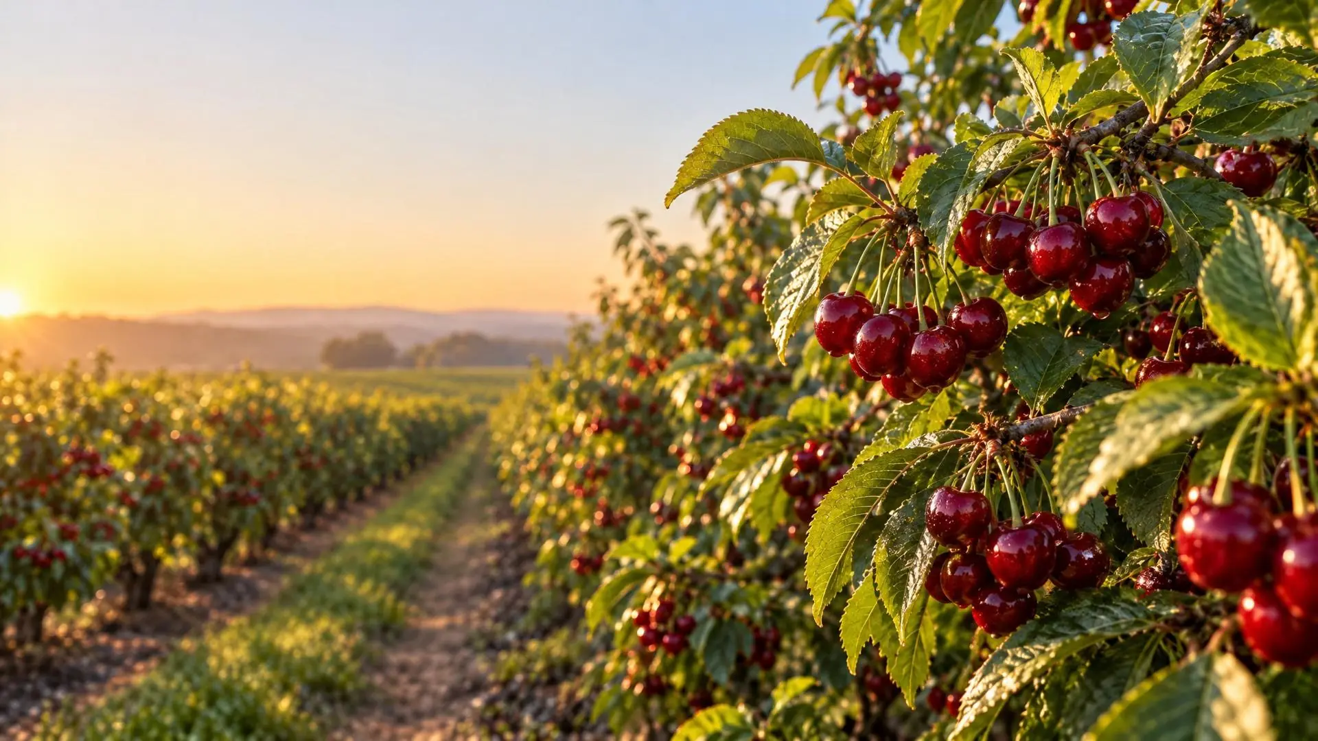 Huerto de cerezos con fruta madura