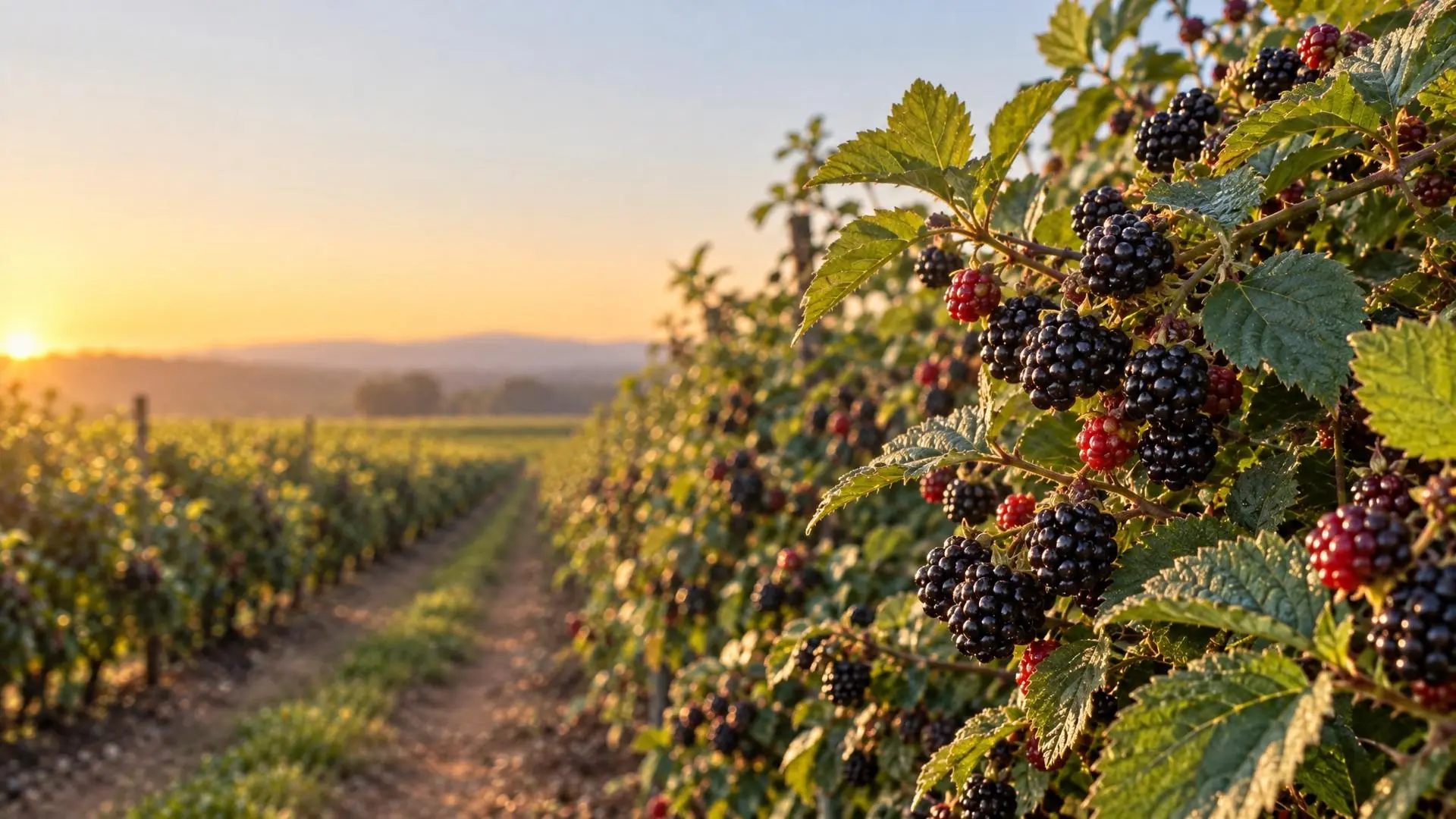 Cultivo de moras al atardecer