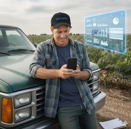 Productor revisando la app YALAPP en su huerto, con un panel de datos de fondo