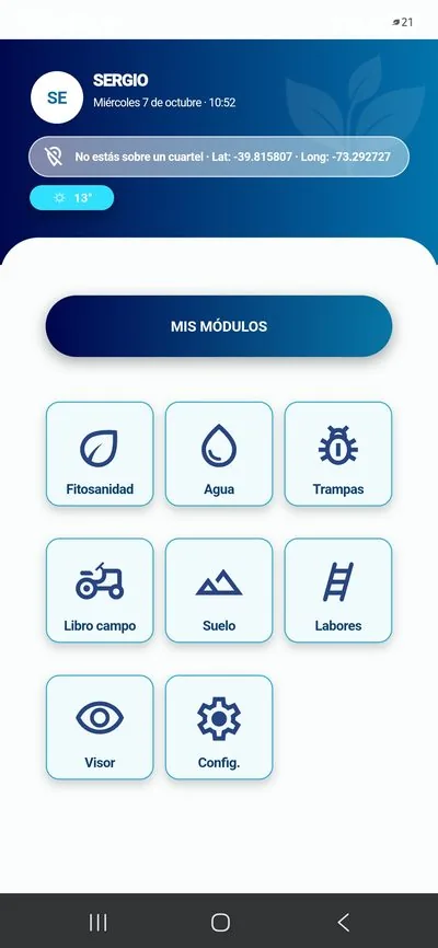 Menú de módulos de la app YALAPP: fitosanidad, riego, labores y más